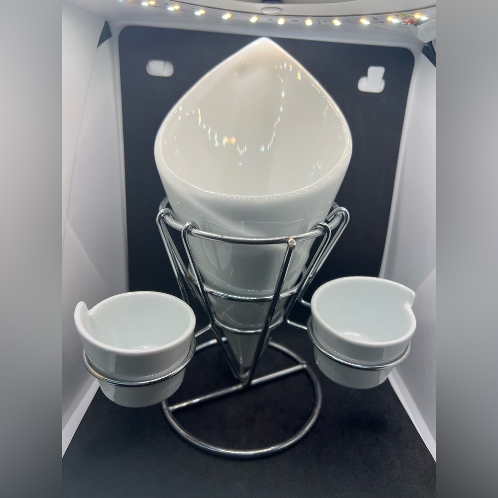 Stylish White Ceramic Serving Set with Metal Stand